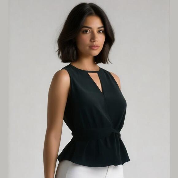 Express Black Satin Sleeveless Peplum Mesh Back Dressy Blouse Top XS NWT - Picture 1 of 11